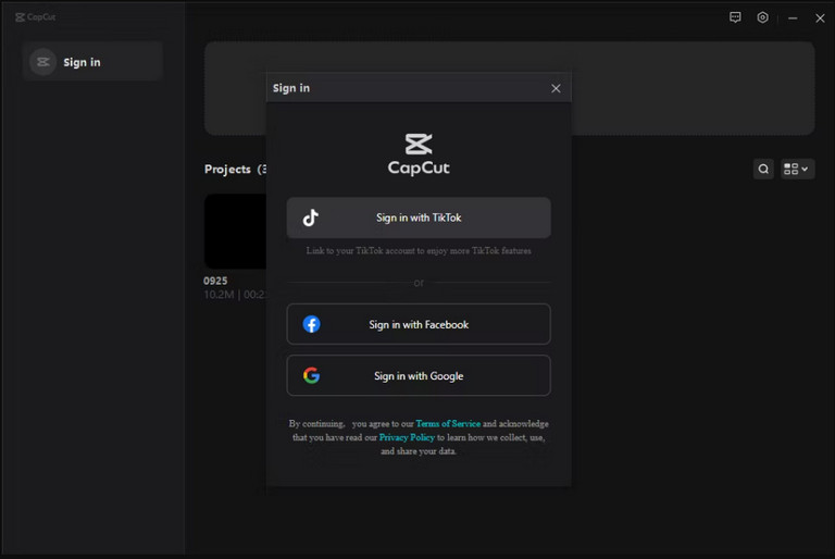 Đăng nhập Capcut bằng tài khoản TikTok, Facebook hoặc Google (Nguồn: Makeuseof)